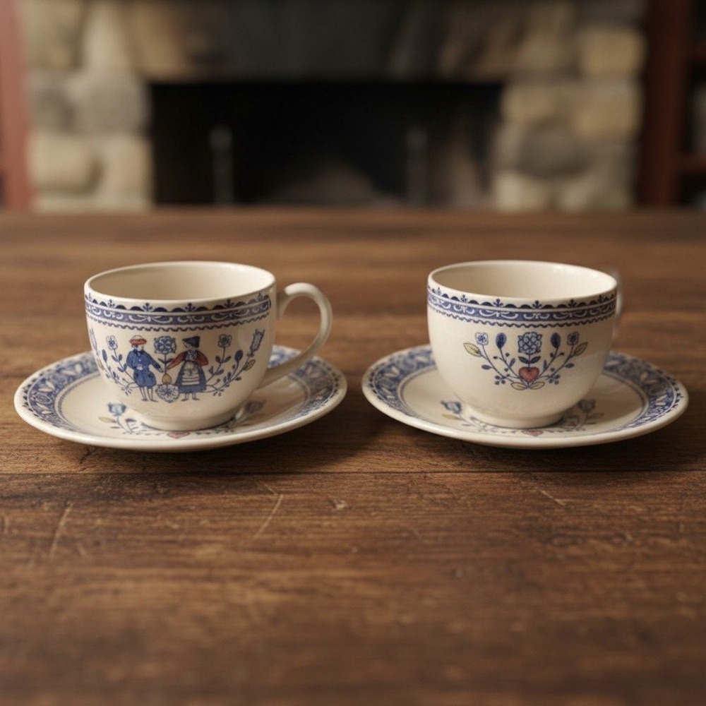 Johnson Brothers Ironstone Hearts & Flowers Cups & Saucers Set of 2, Vintage